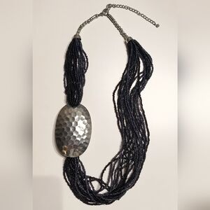 Vintage Silver & Black Beaded Necklace with Oval Pendant